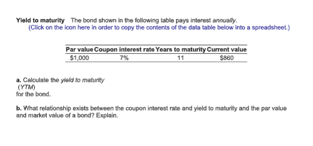 Solved Yield to maturity The bond shown in the following | Chegg.com