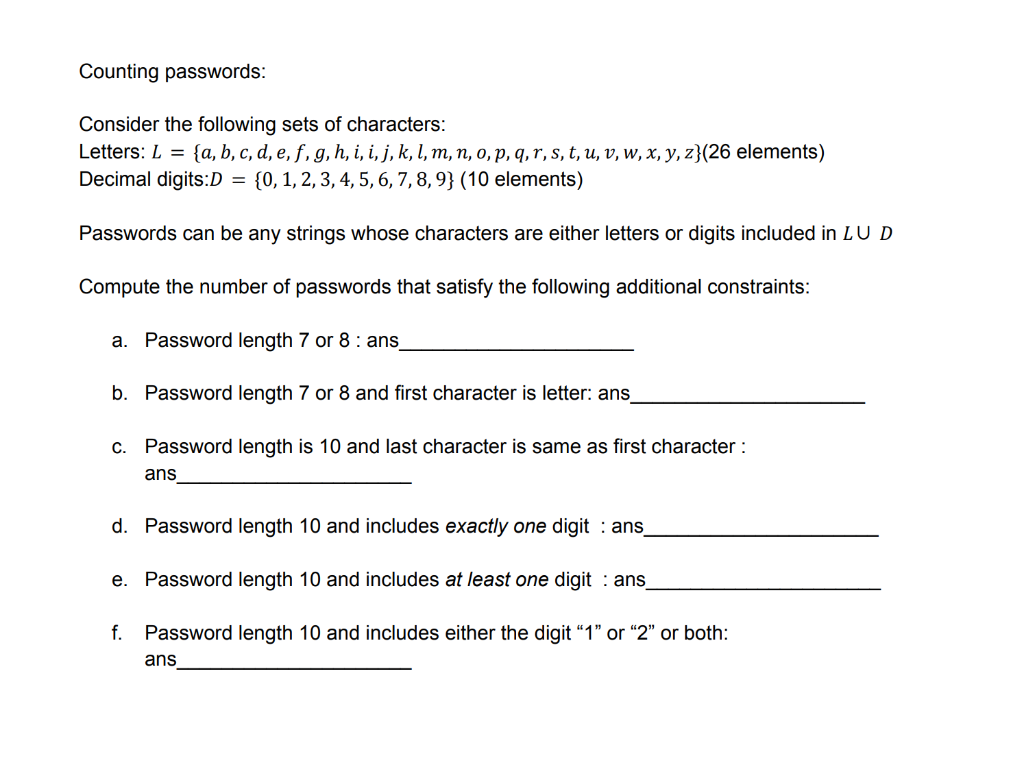 Solved Counting Passwords Consider The Following Sets Of
