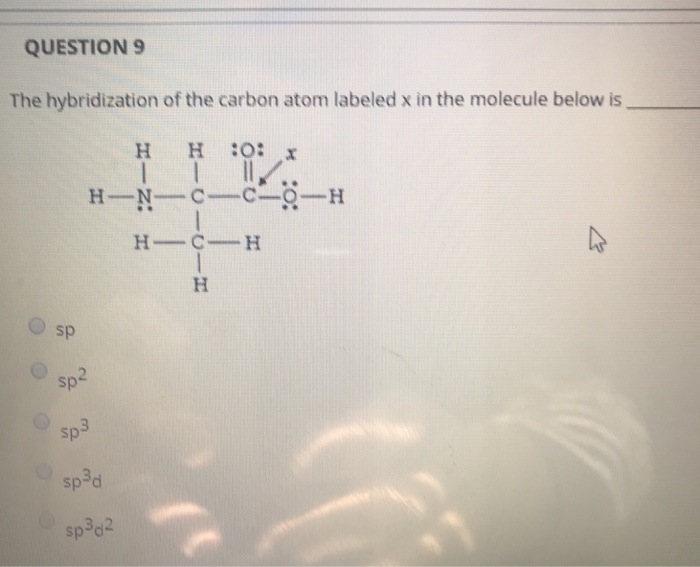 Solved QUESTION 9 The hybridization of the carbon atom | Chegg.com