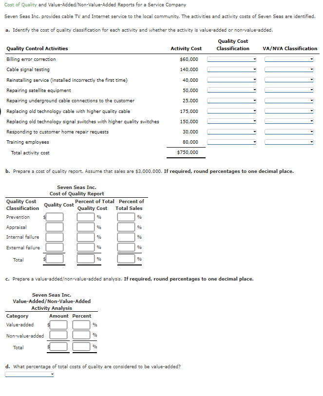 Solved Cost of Quality and ValueAdded/NonValueAdded