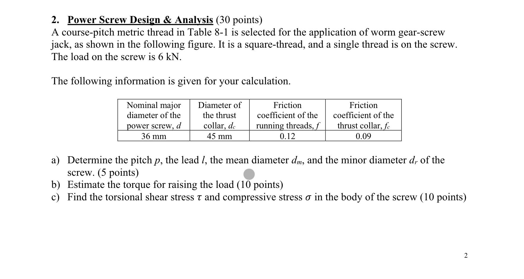 Solved 2. Power Screw Design & Analysis (30 points) A