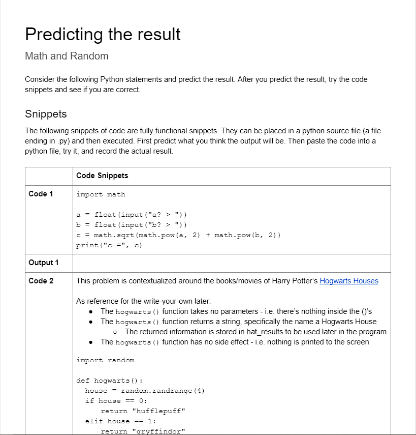Solved Predicting the result Math and Random Consider the | Chegg.com