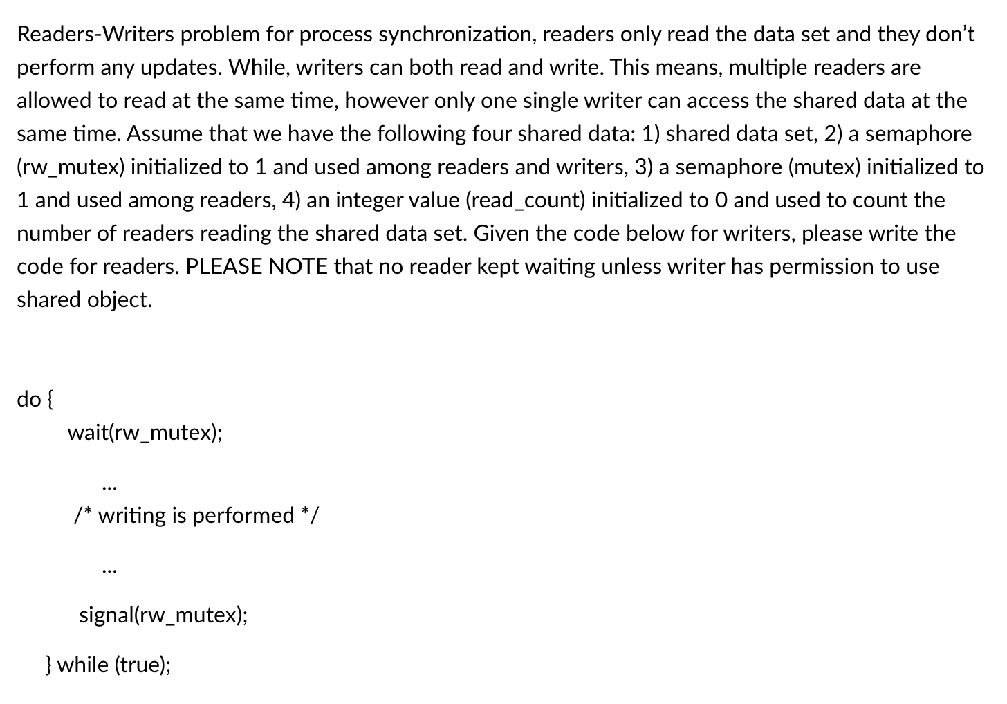 Solved Readers-Writers problem for process synchronization, | Chegg.com