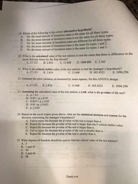 Solved 18. What are the decision and conclusion for the | Chegg.com