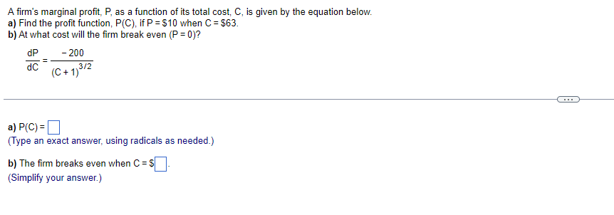 Solved A firm's marginal profit, P, as a function of its | Chegg.com