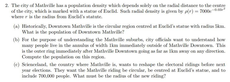 Solved 2. The city of Mathville has a population density | Chegg.com