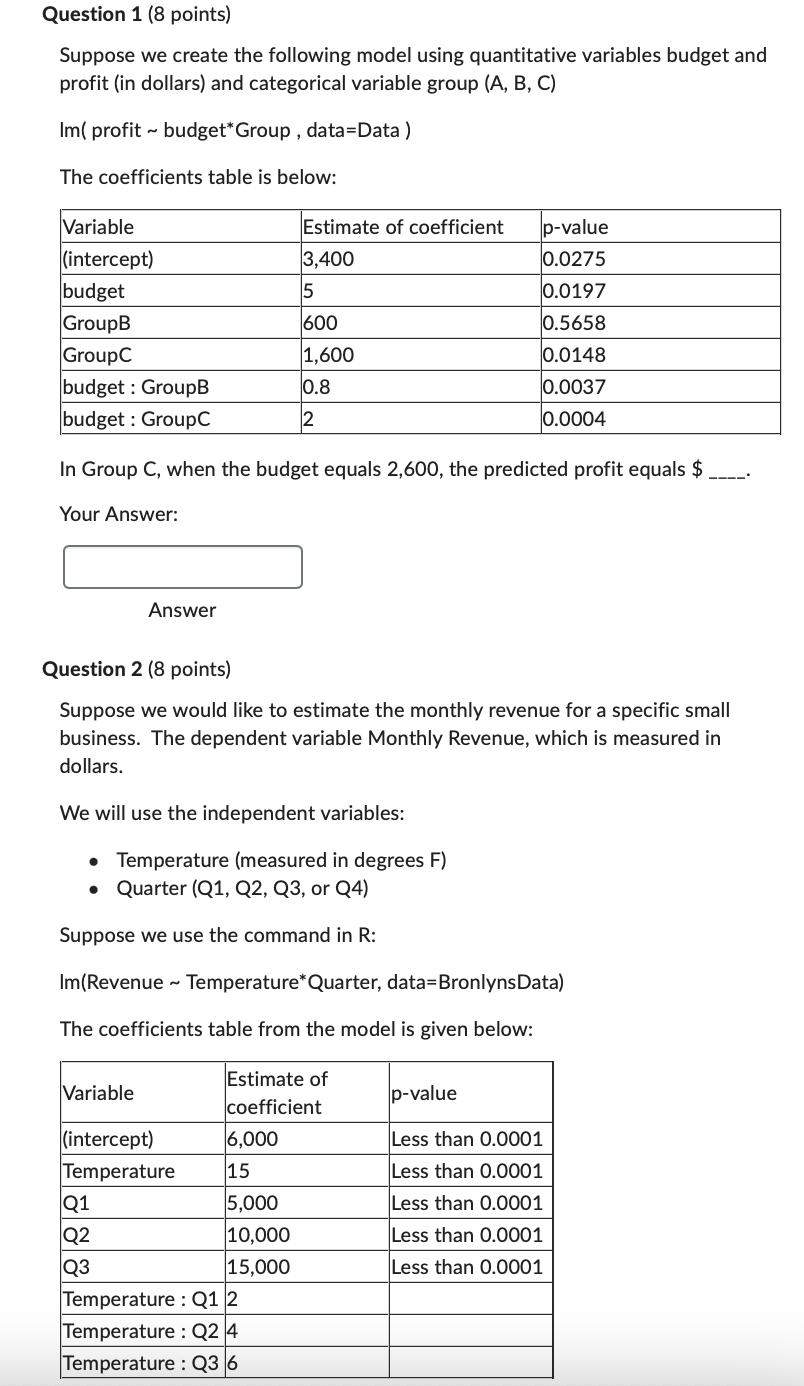 Question 1 (8 points) Suppose we create the following | Chegg.com