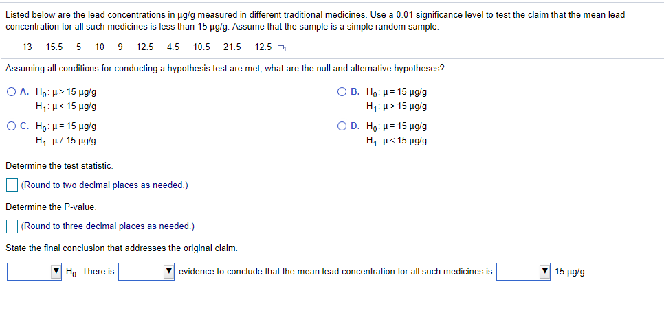 Solved Listed below are the lead concentrations in ug/g | Chegg.com