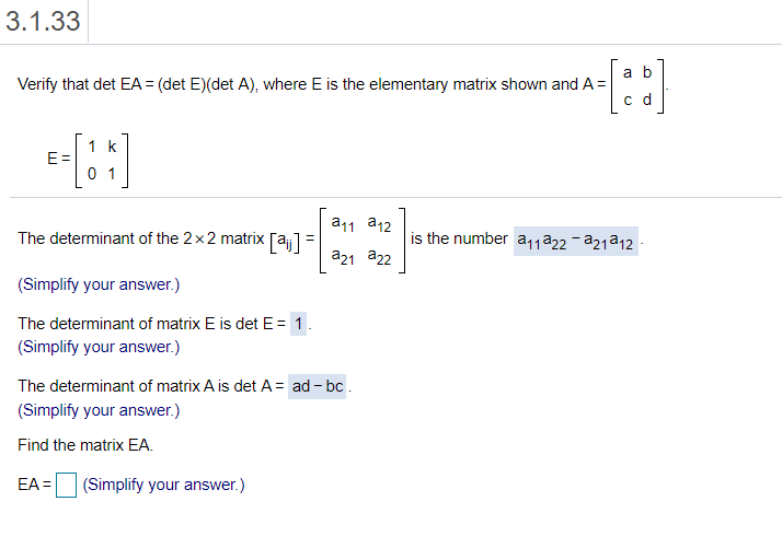 Solved 3.1.33 Verify That Det EA = (det E)(det A), Where E | Chegg.com