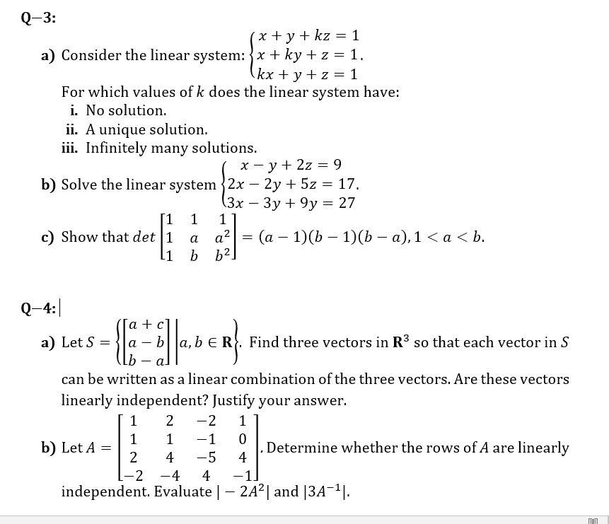 Solved Q 3 X Y Kz 1 A Consider The Linear System X