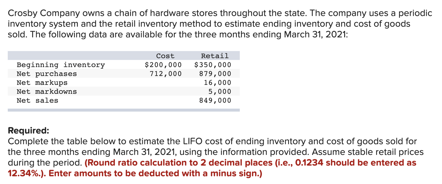 Solved Crosby Company owns a chain of hardware stores