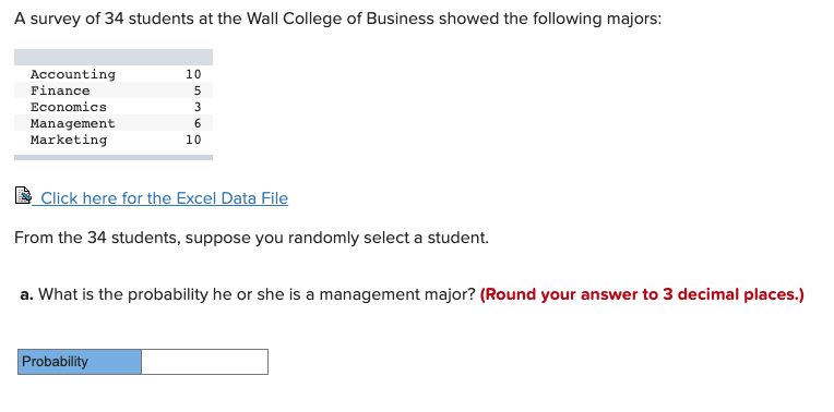 Solved A survey of 34 students at the Wall College of | Chegg.com