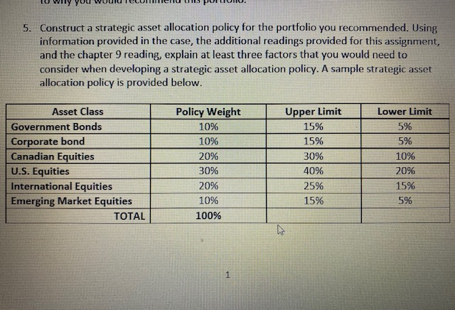 5. Construct a strategic asset allocation policy for | Chegg.com