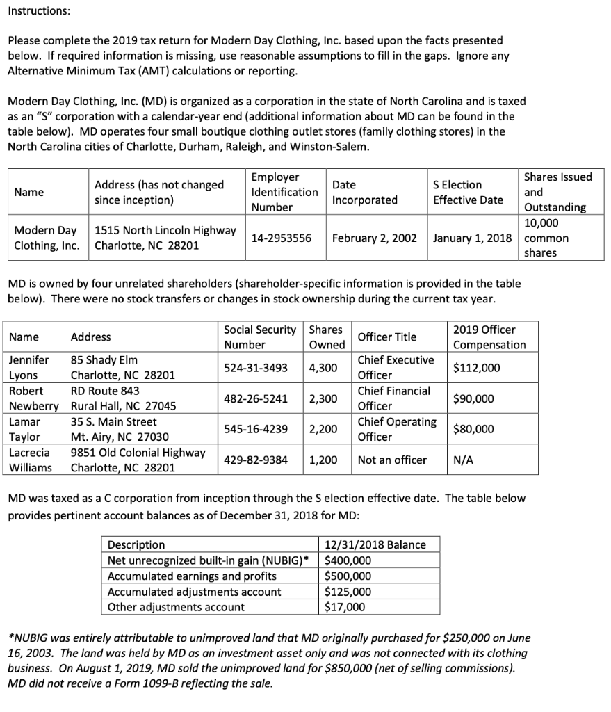 Instructions Please complete the 2019 tax return for