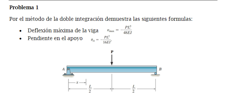 Por el método de la doble integración demuestra las siguientes formulas: - Deflexión máxima de la viga \( v_{\max }=-\frac{P