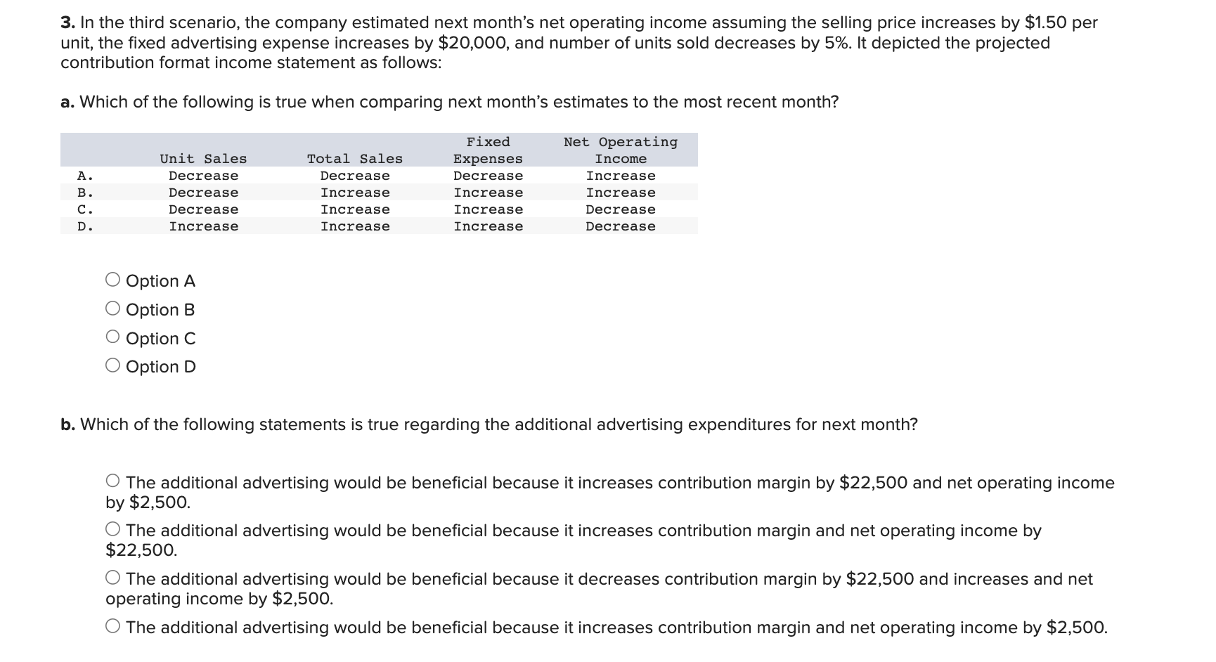 3. In the third scenario, the company estimated next months net operating income assuming the selling price increases by \( 