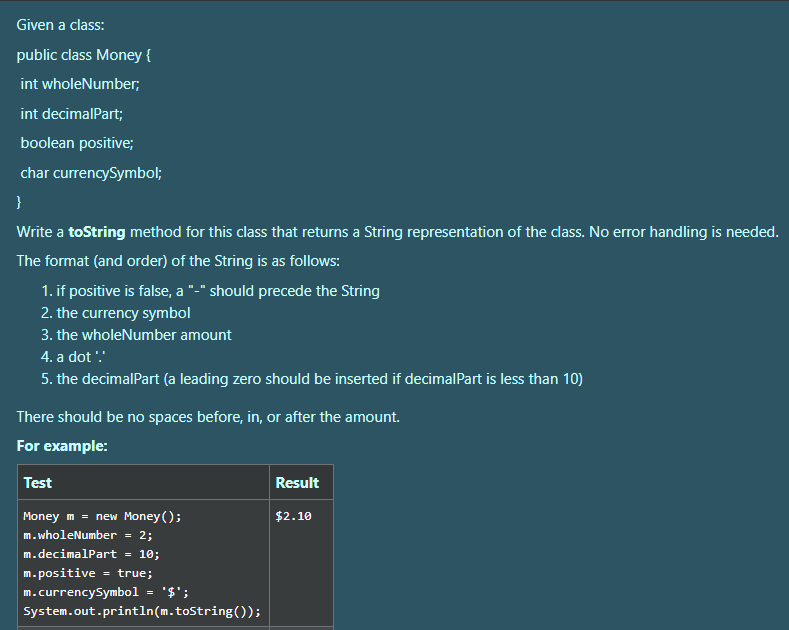 Solved Given a class: public class Money { int wholeNumber; | Chegg.com