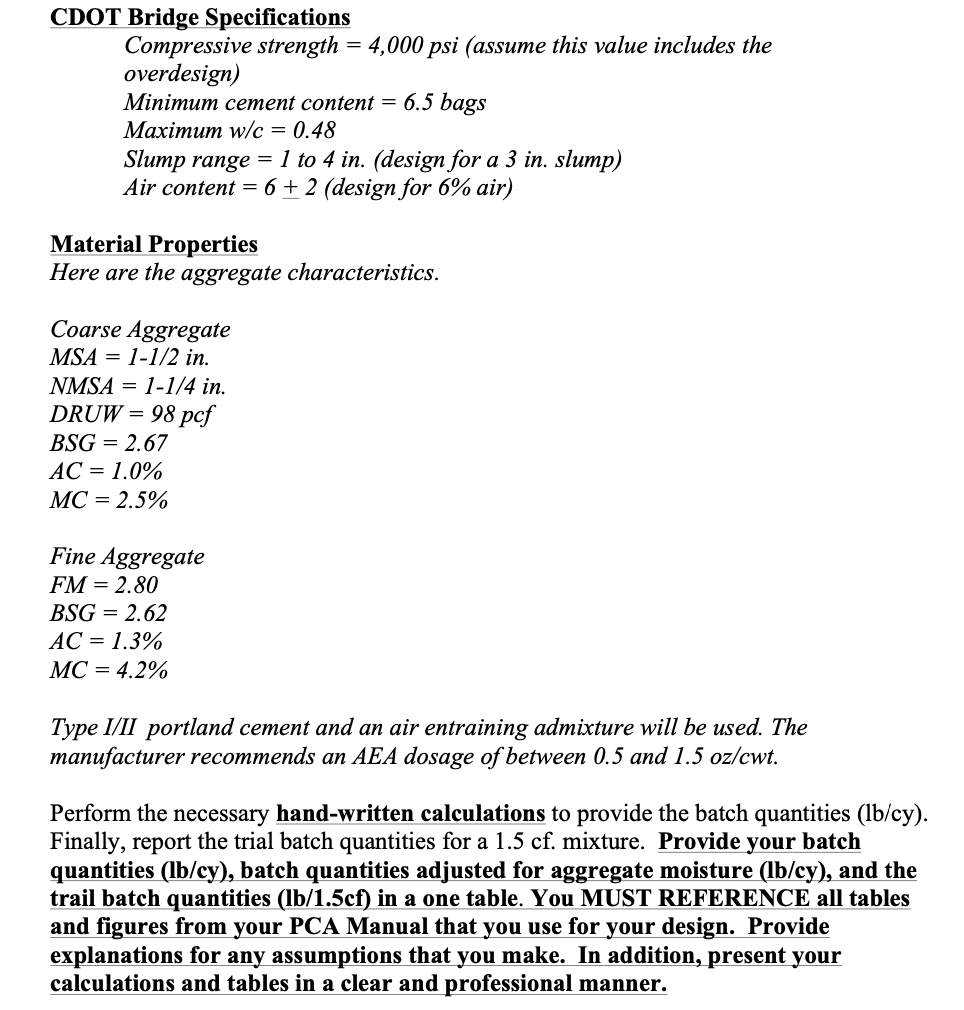 Solved CDOT Bridge Specifications Compressive strength = | Chegg.com