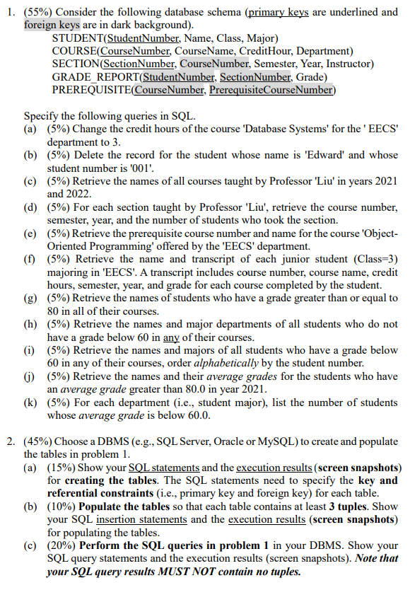 Solved 1. (55%) Consider The Following Database Schema | Chegg.com