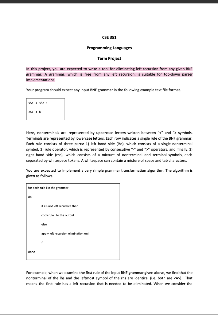 (Solved) : Programming Languages Project Project Expected Write Tool ...