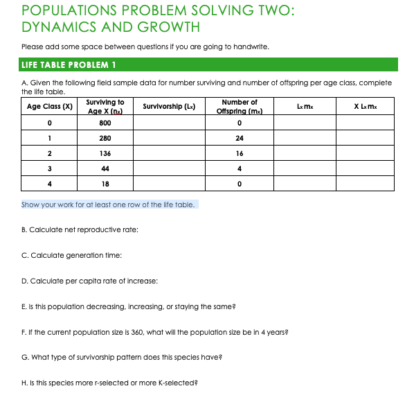 Solved POPULATIONS PROBLEM SOLVING TWO: DYNAMICS AND GROWTH | Chegg.com