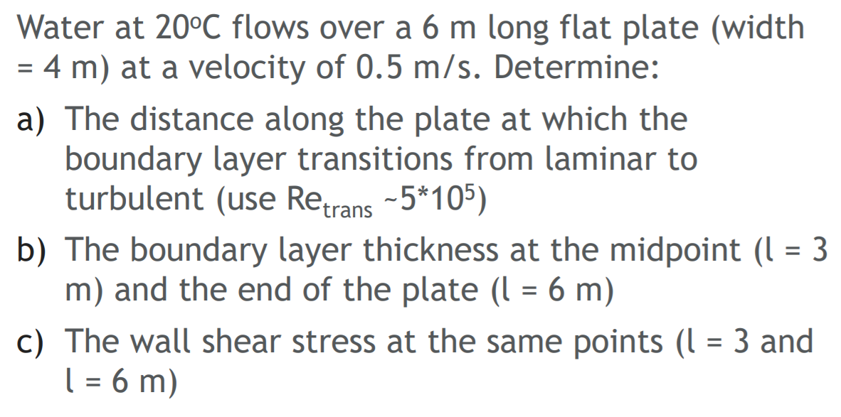 Solved Water at 20°C flows over a 6 m long flat plate (width | Chegg.com