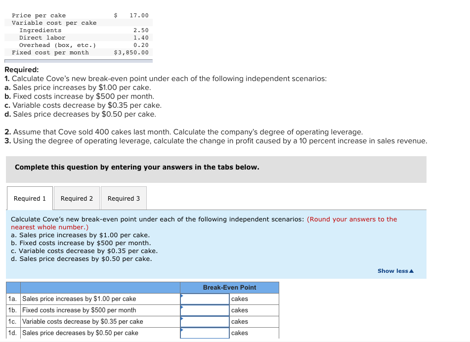 Solved $ 17.00 Price per cake Variable cost per cake | Chegg.com