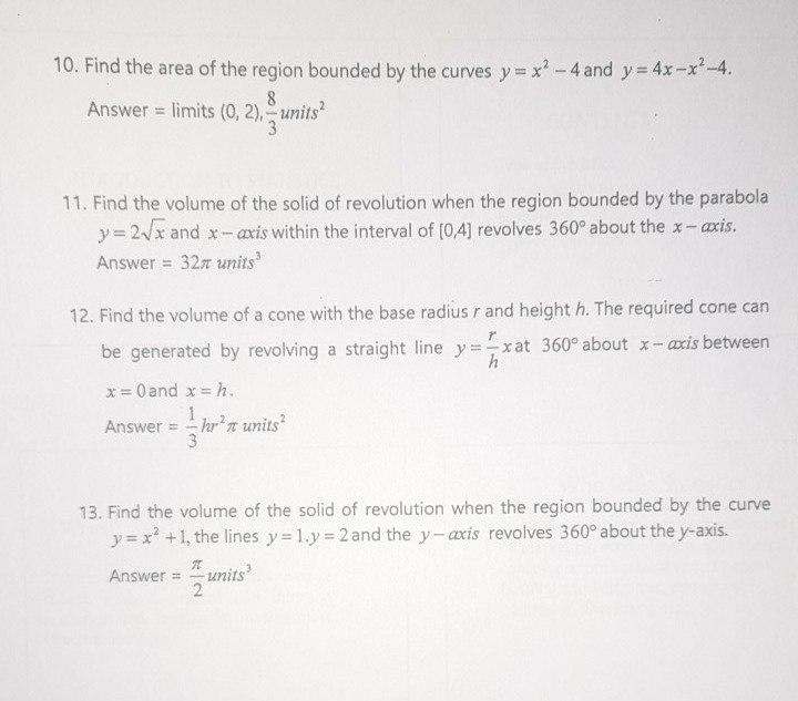 Solved 10. Find the area of the region bounded by the curves | Chegg.com