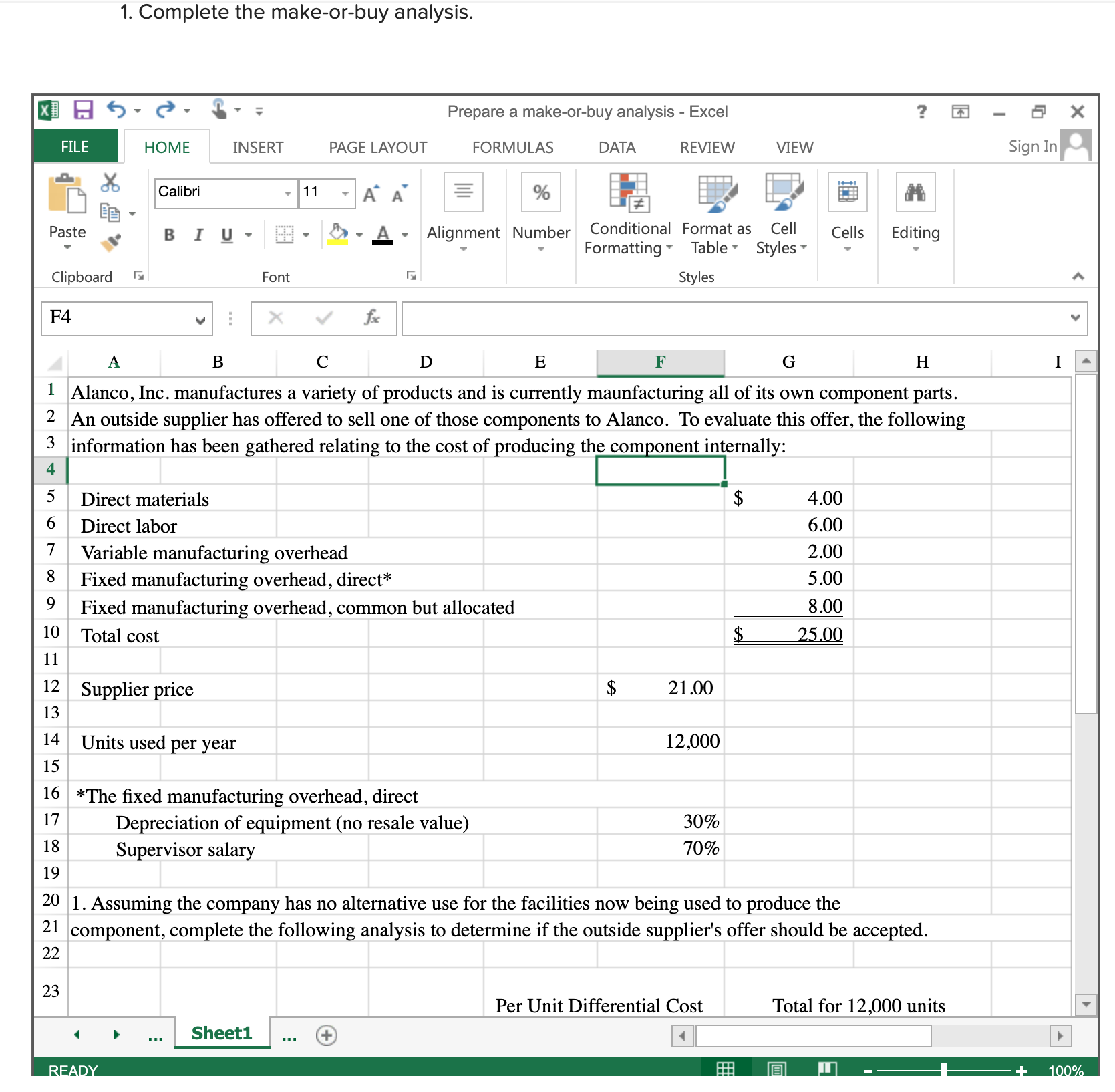 Solved 1. Complete The Make-or-buy Analysis. Sheet1 