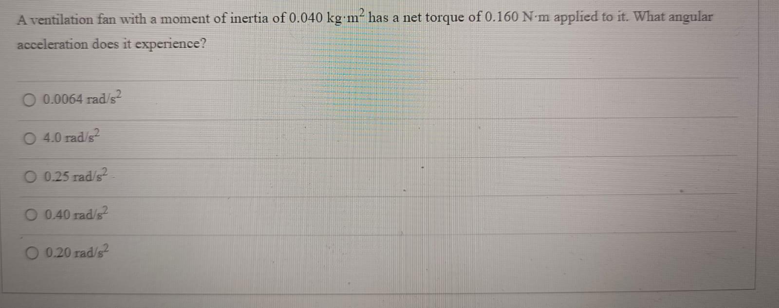 Solved A ventilation fan with a moment of inertia of 0.040 | Chegg.com