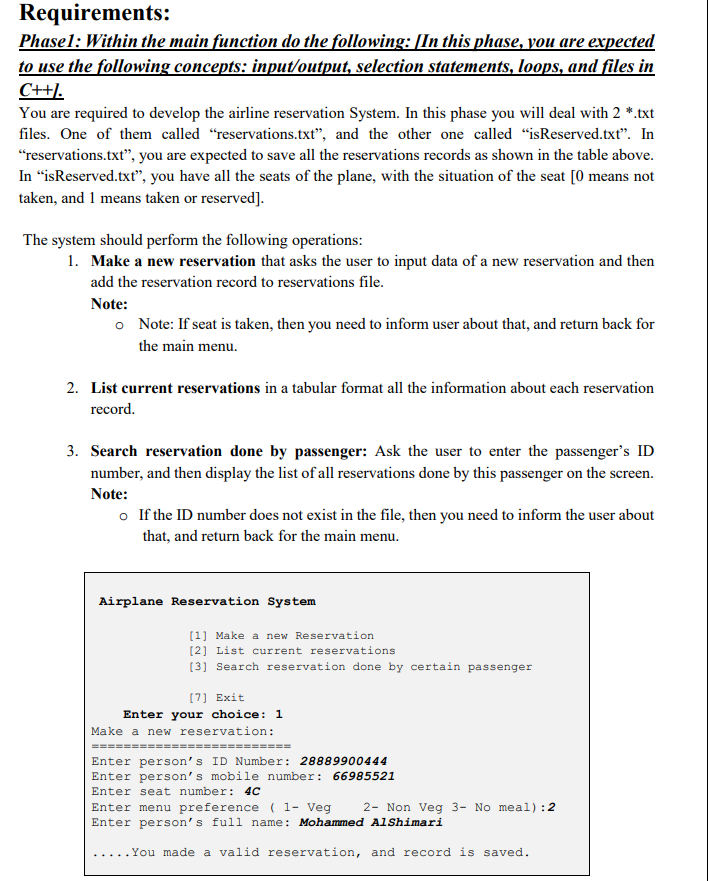 Solved Requirements: Phasel: Within the main function do the