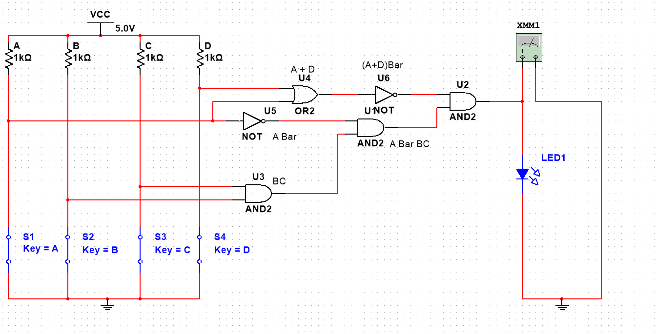 Solved VCC 5.0V XMM1 C A >16.2 B 1kΩ 31k02 D >1k.. A + D 14 | Chegg.com