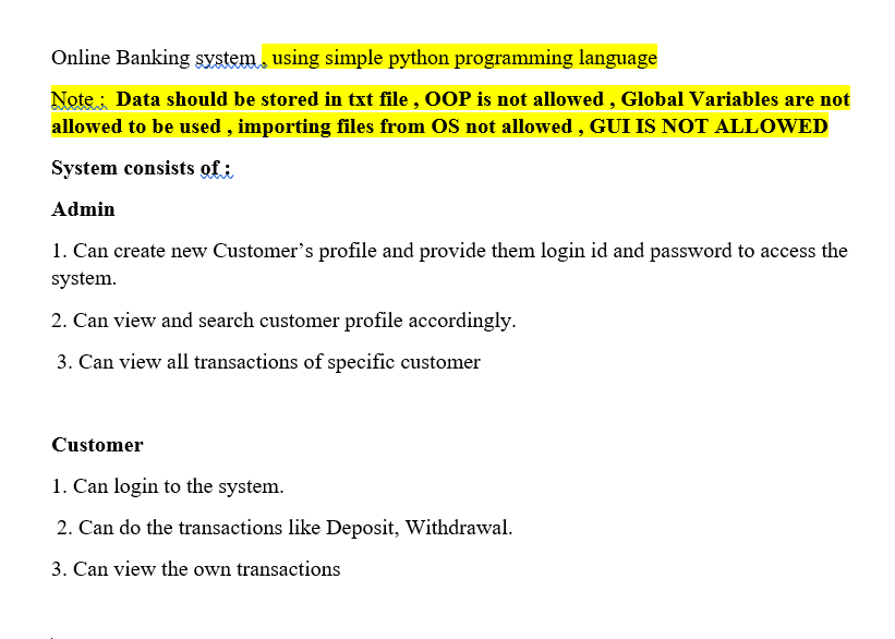Online Banking system, using simple python | Chegg.com