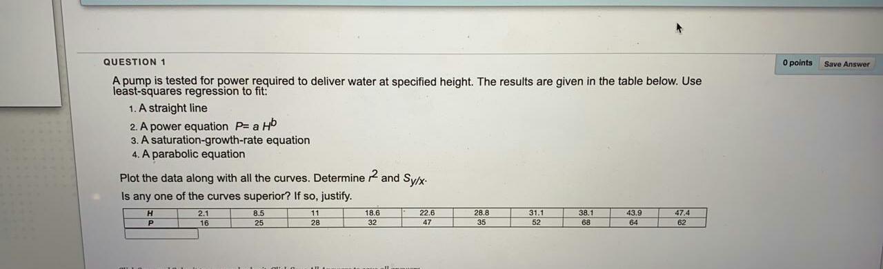 O points Save Answer QUESTION 1 A pump is tested for | Chegg.com