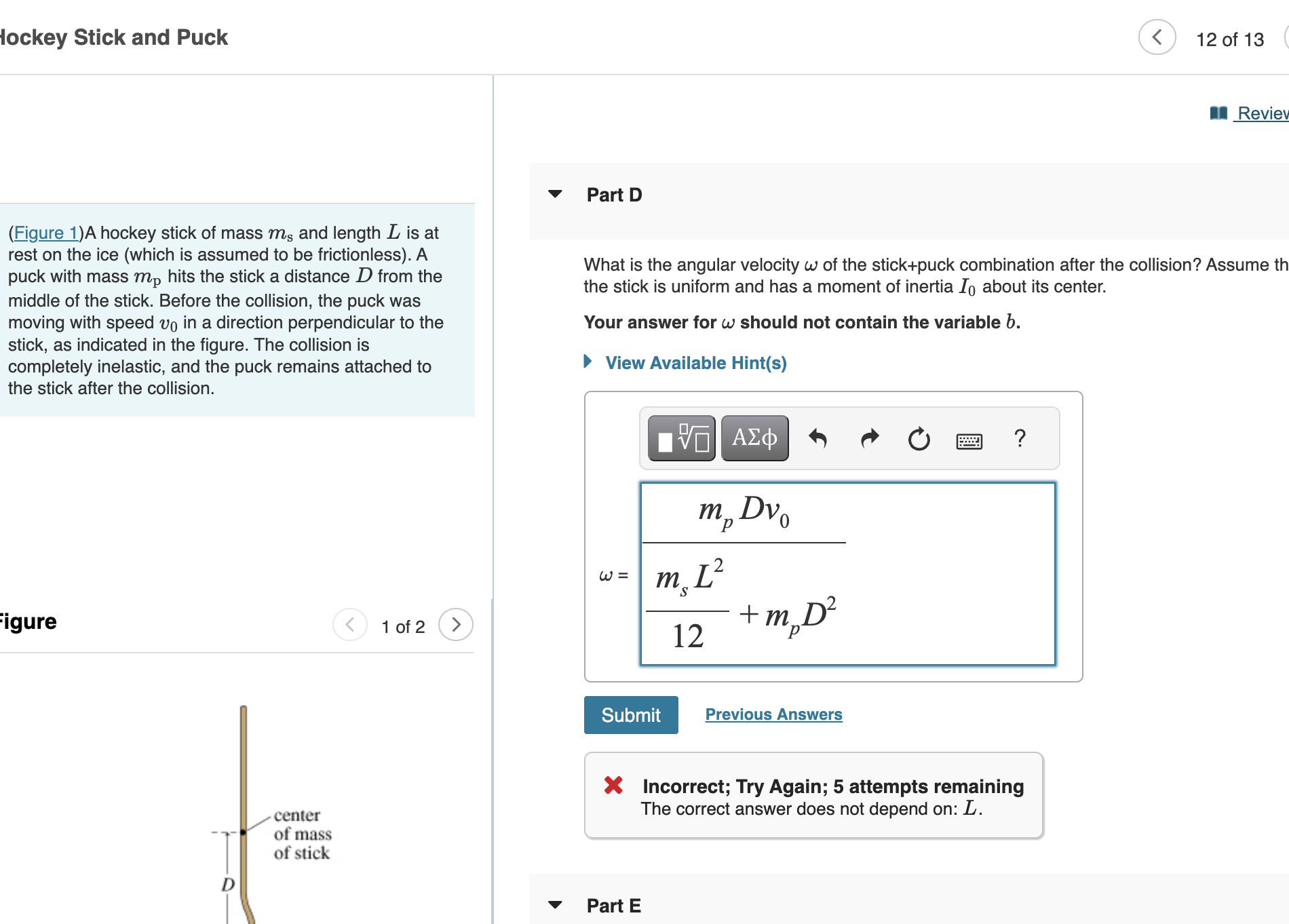 Solved lockey Stick and Puck 12 of 13 (Figure 1)A hockey