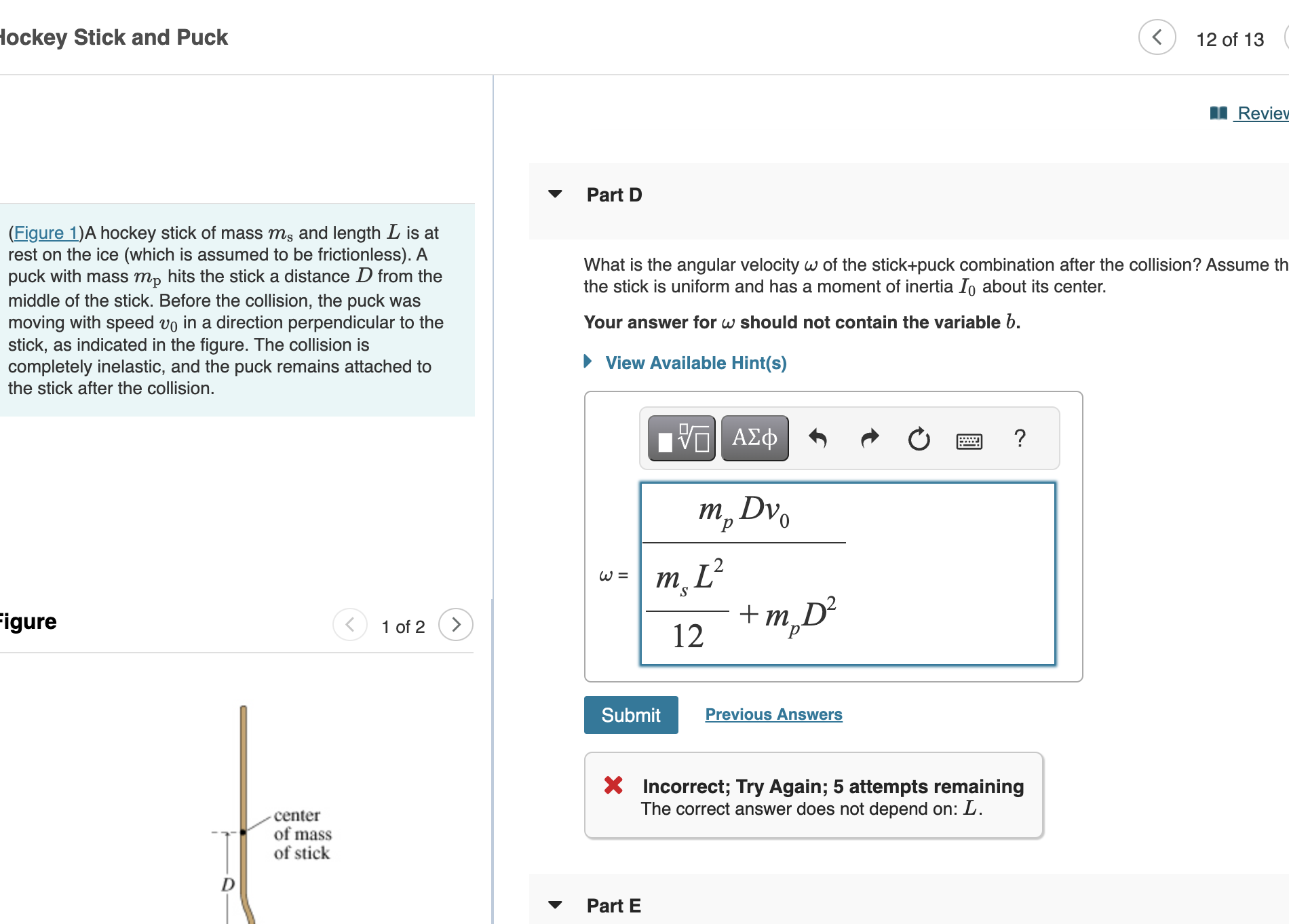 Solved Lockey Stick And Puck 12 Of 13 (Figure 1)A Hockey | Chegg.com