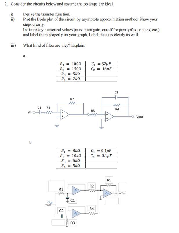 2. Consider the circuits below and assume the op amps are ideal.
i) Derive the transfer function.
ii) Plot the Bode plot of t