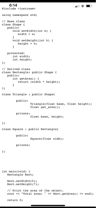 6:14 e@ #include using namespace std; /Base class | Chegg.com