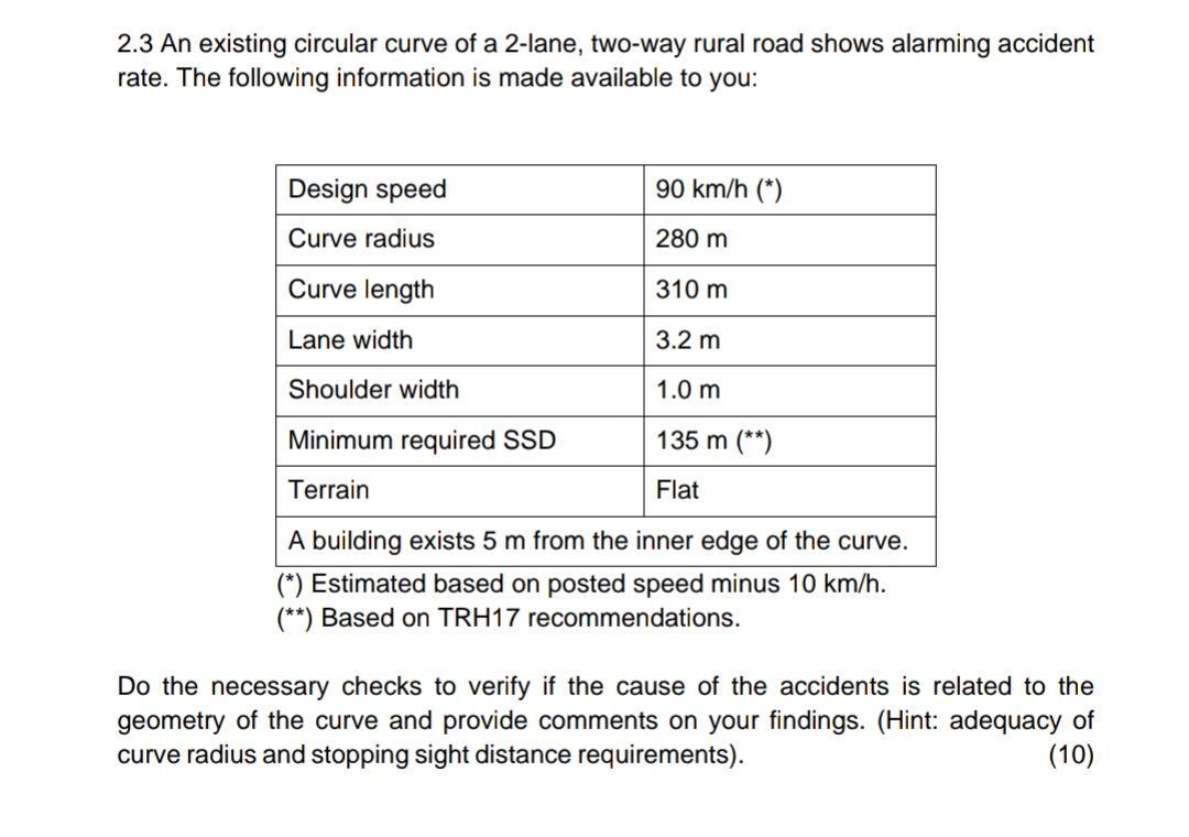 Solved 2.3 An existing circular curve of a 2-lane, two-way | Chegg.com