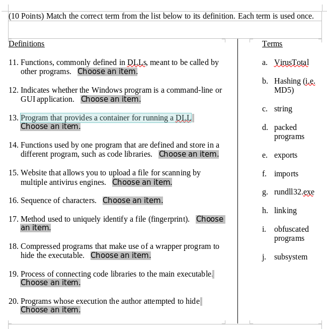 Solved (10 Points) Match the correct term from the list