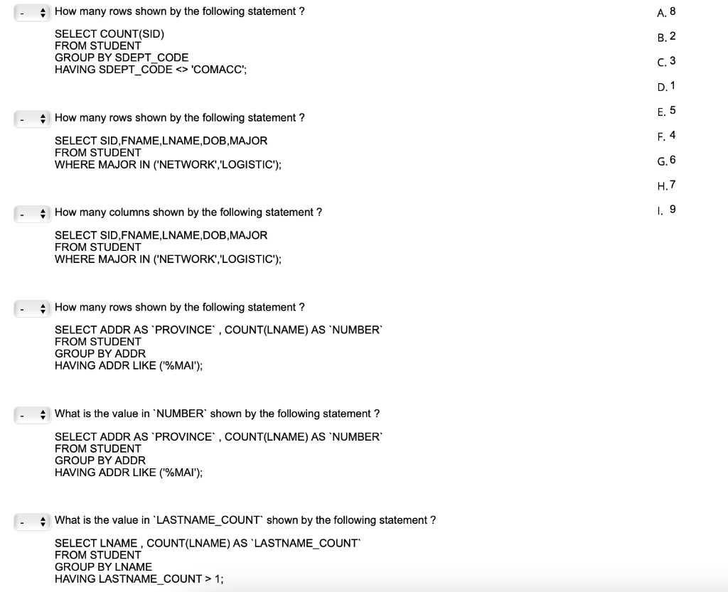 Solved SQL Use a student table to select a correct answer | Chegg.com