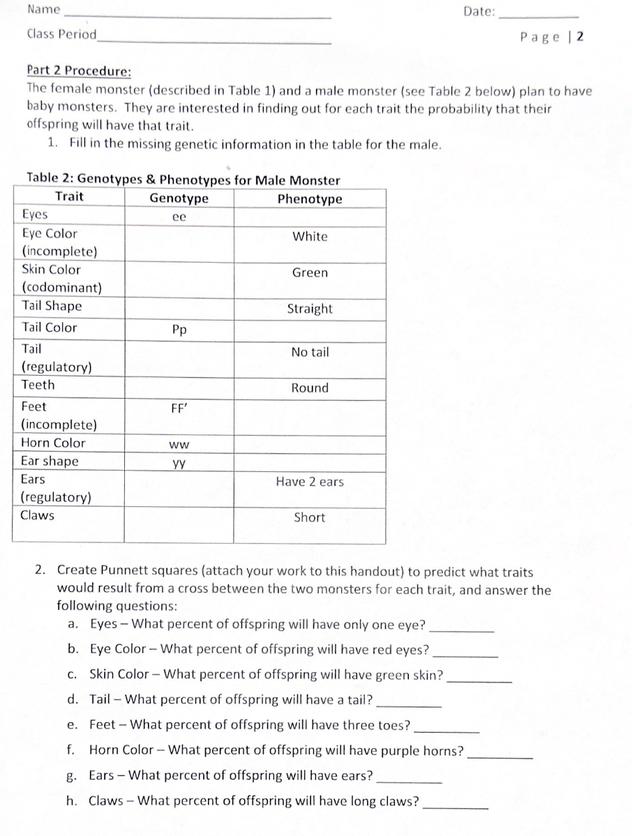 Part 2 Procedure:
The female monster (described in Table 1) and a male monster (see Table 2 below) plan to have baby monsters