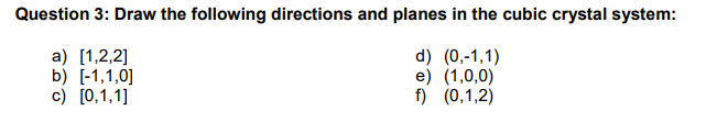 Solved Question 3: Draw the following directions and planes | Chegg.com