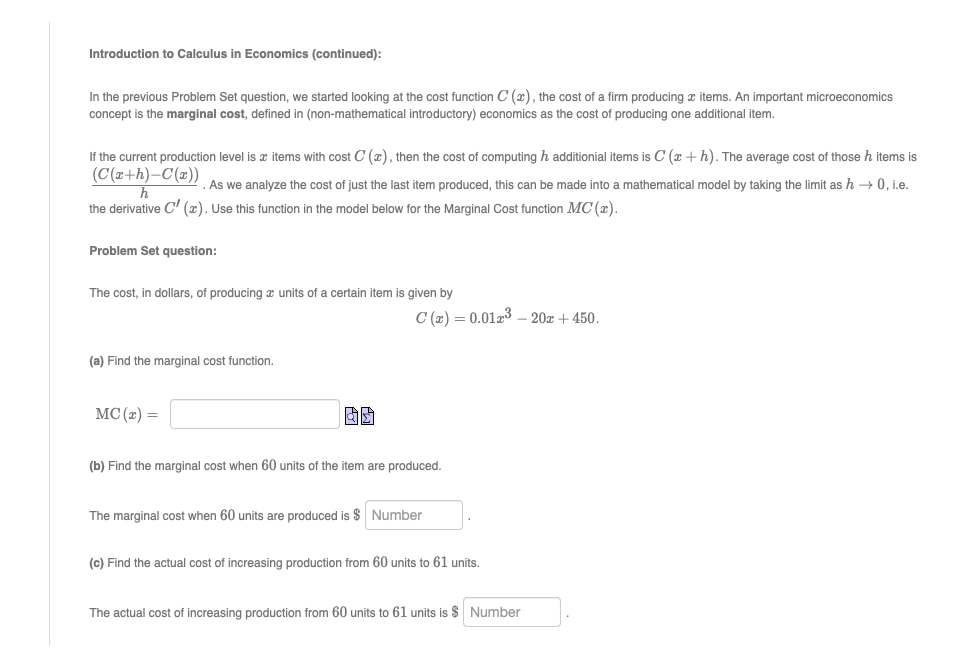 Solved Introduction to Calculus in Economics (continued): In | Chegg.com