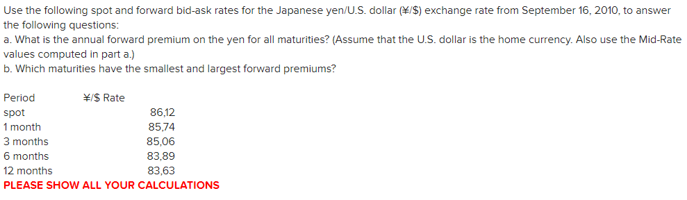 Use the following spot and forward bid-ask rates for | Chegg.com