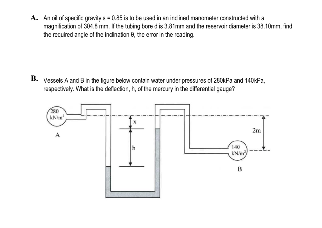 Solved A. An oil of specific gravity s = 0.85 is to be used | Chegg.com