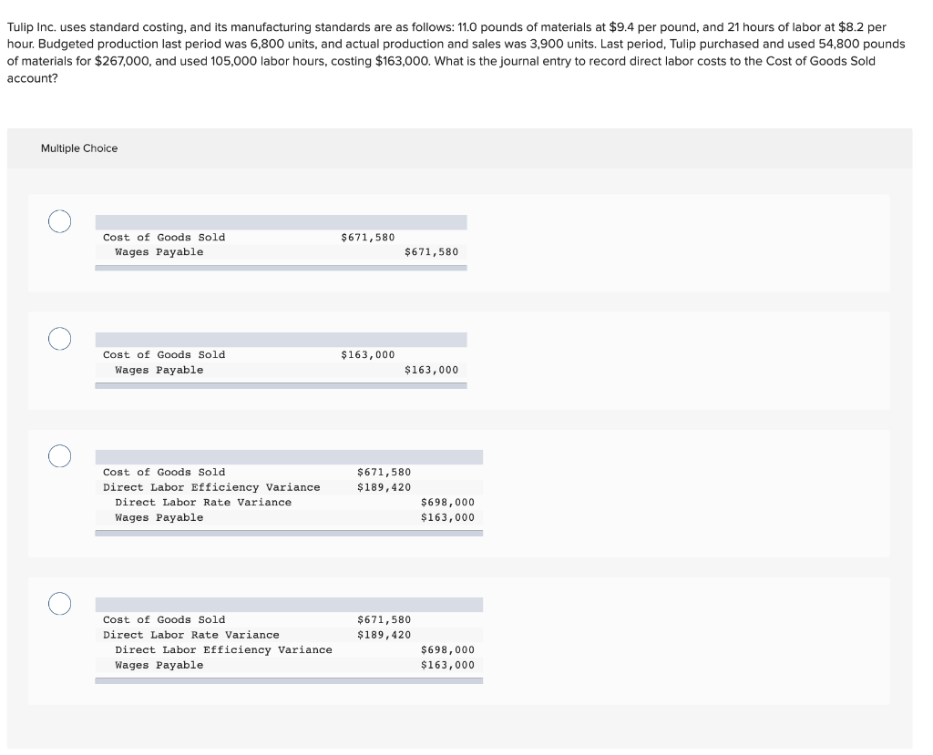 Solved Tulip Inc. uses standard costing, and its | Chegg.com