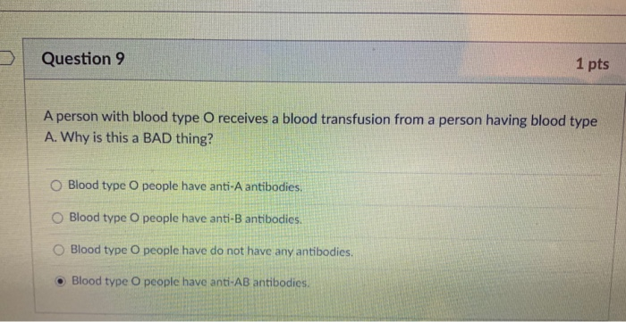 Solved Question 9 1 Pts A Person With Blood Type O Receives Chegg Solved Question 9 1 Pts A Person With Blood Type O Receives Chegg