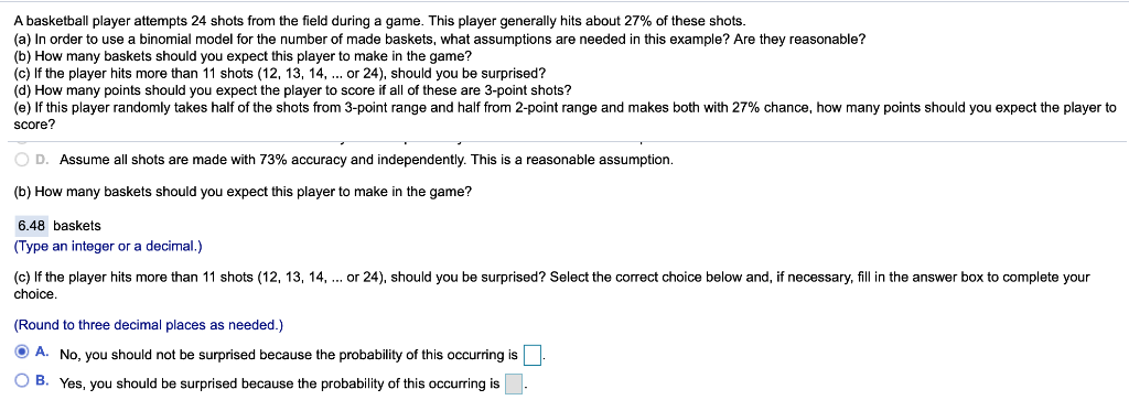 Solved A basketball player attempts 24 shots from the field | Chegg.com