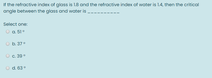 the absolute refractive index of glass and water is 1.5 and 1.33